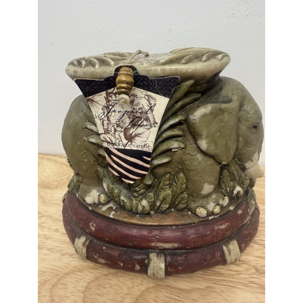Vtg LAVA ENTERPRISES Tropical Safari Elephant Carved Candle Beaded Wick #26